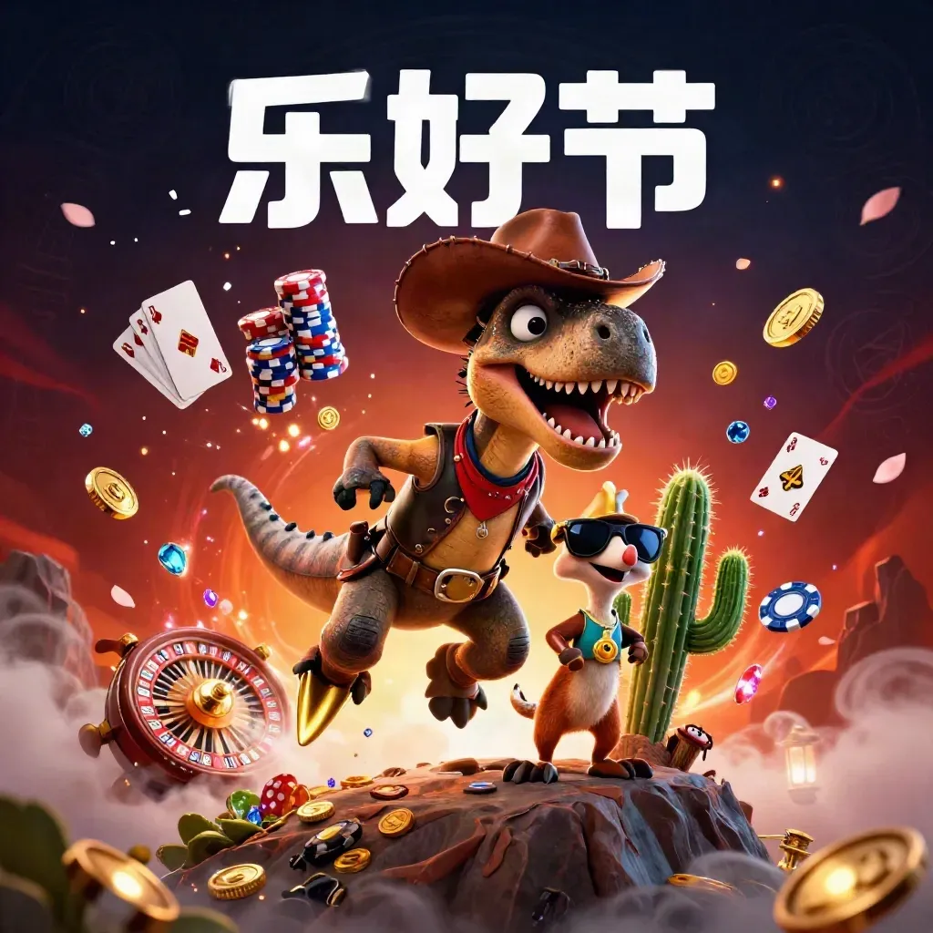 Cowboy T-Rex with cactus sidekick and roadrunner amid teal casino coins, cards, chips, and light.