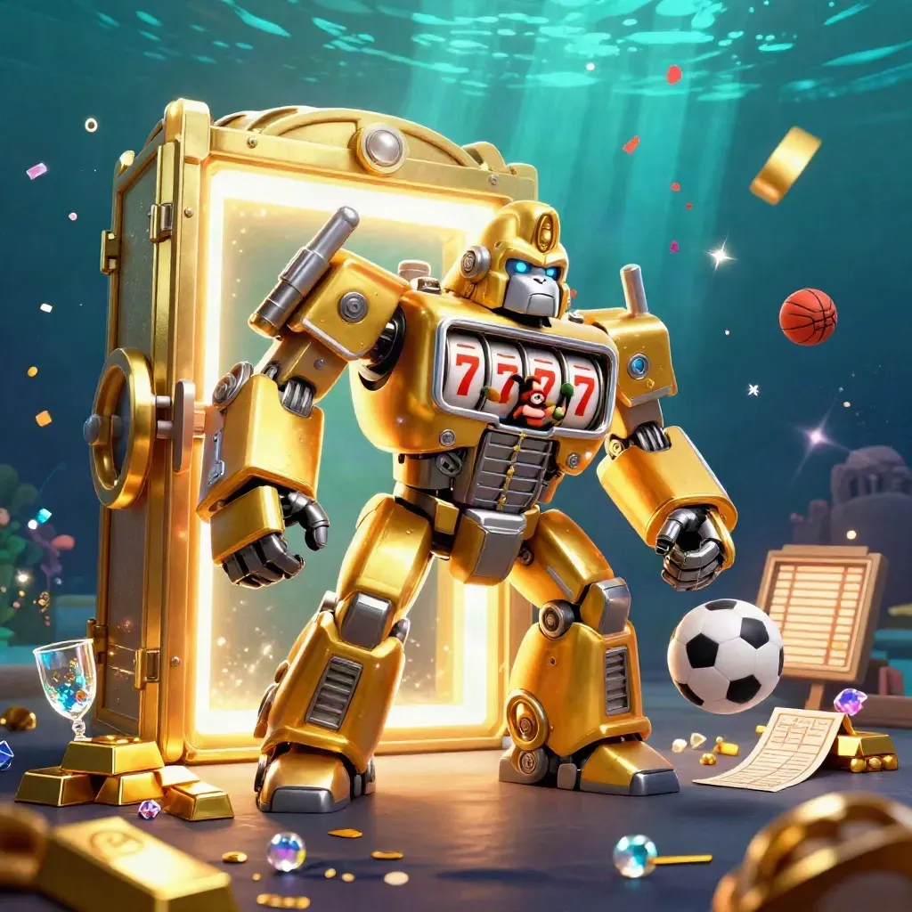 Golden gorilla mech with monkey pilot amid vault burst, balls, gems, confetti, and teal light.