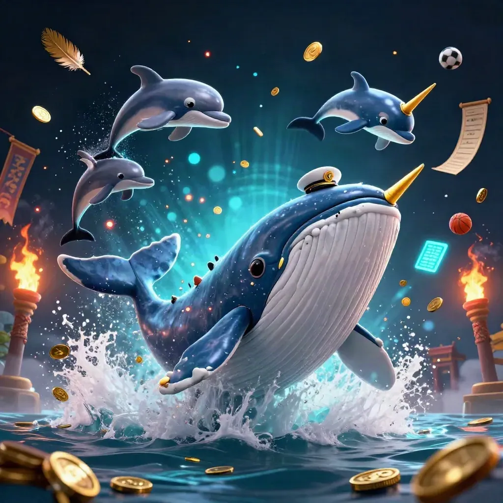 Whale captain, narwhal, and dolphins burst through coins with teal casino lights and sports props.