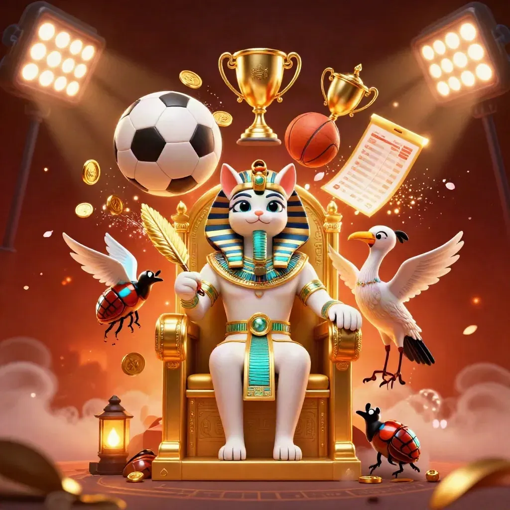 Pharaoh cat, ibis scribe and gem-winged scarabs amid flying sports balls, coins and teal floodlights
