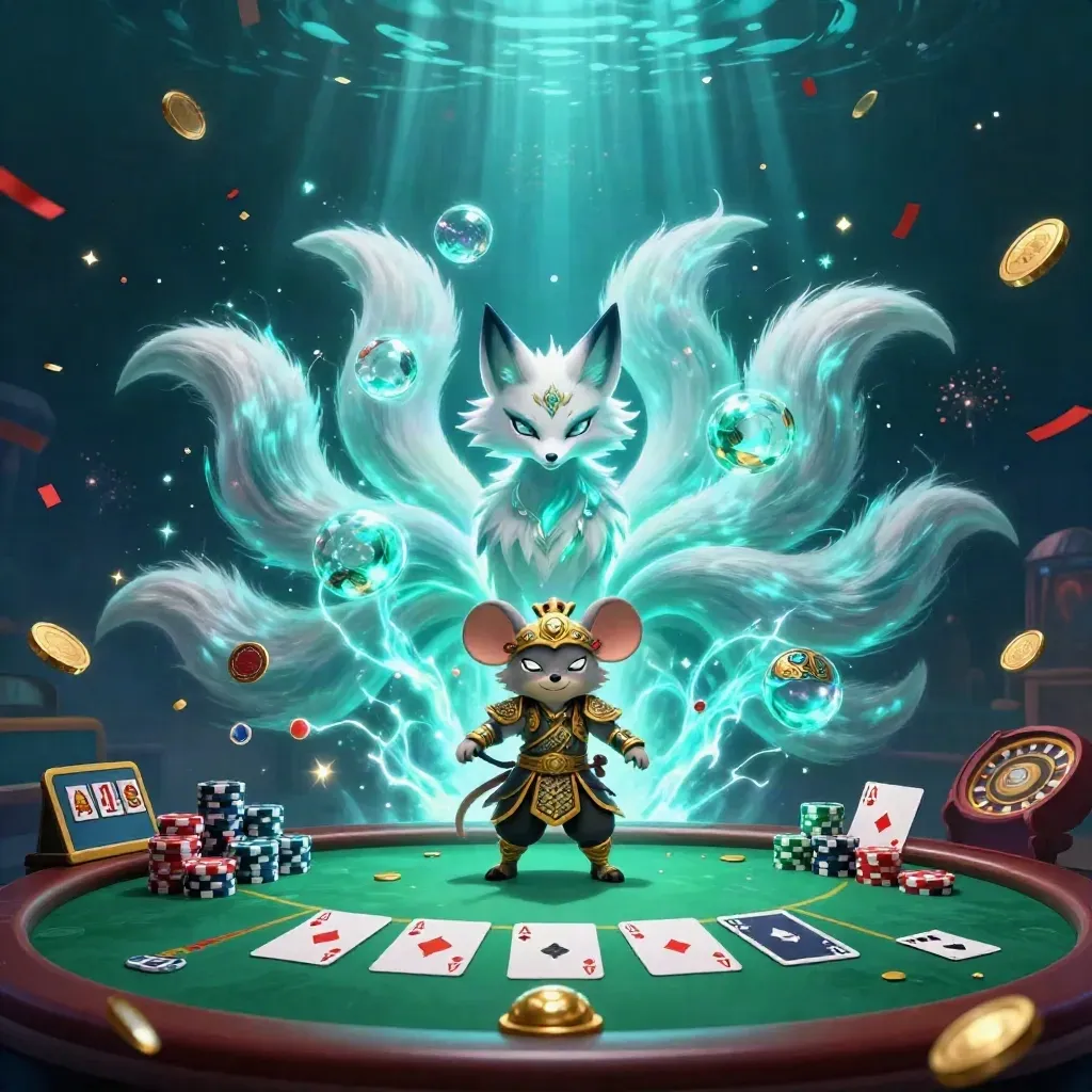 Neon fox spirit and samurai mouse amid cards, chips, coins, and teal casino magic