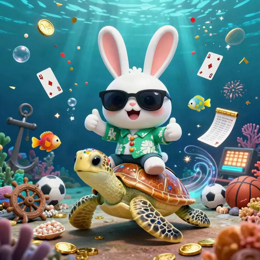 Lucky rabbit rides a gem turtle underwater amid coins, coral, cards, and teal light.