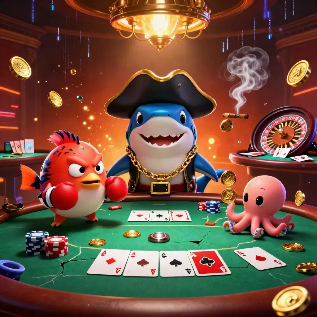Shark pirate, boxing pufferfish and coin-juggling octopus in a glowing casino scene.