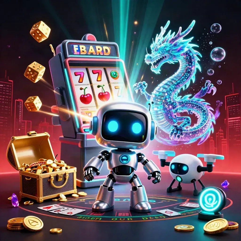 Cyberpunk robot, AI dragon, and coin drone amid casino glow, slot burst, roulette wheel, gold and teal light.
