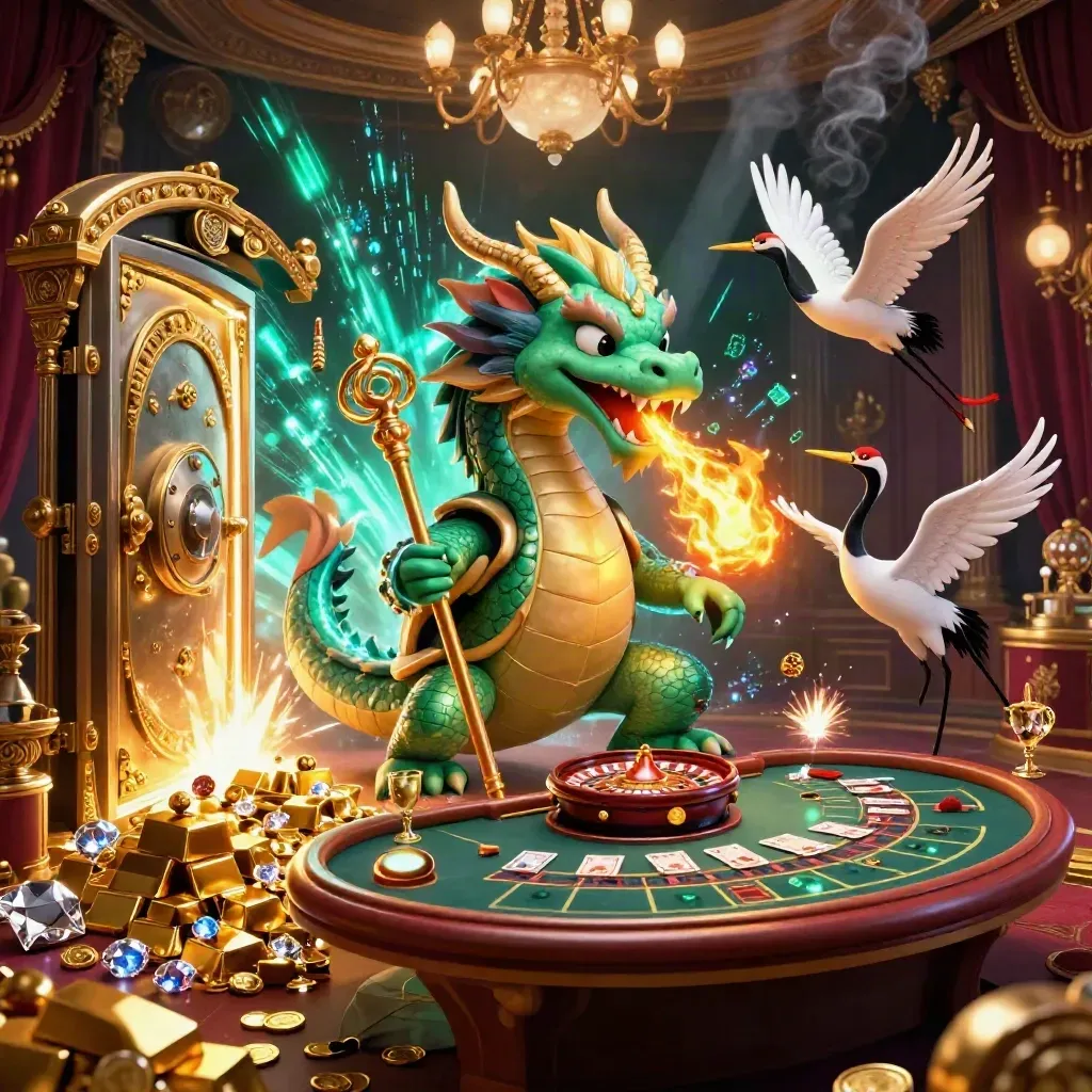 Jade dragon, turtle sage, and cranes amid treasure, casino lights, and teal energy.