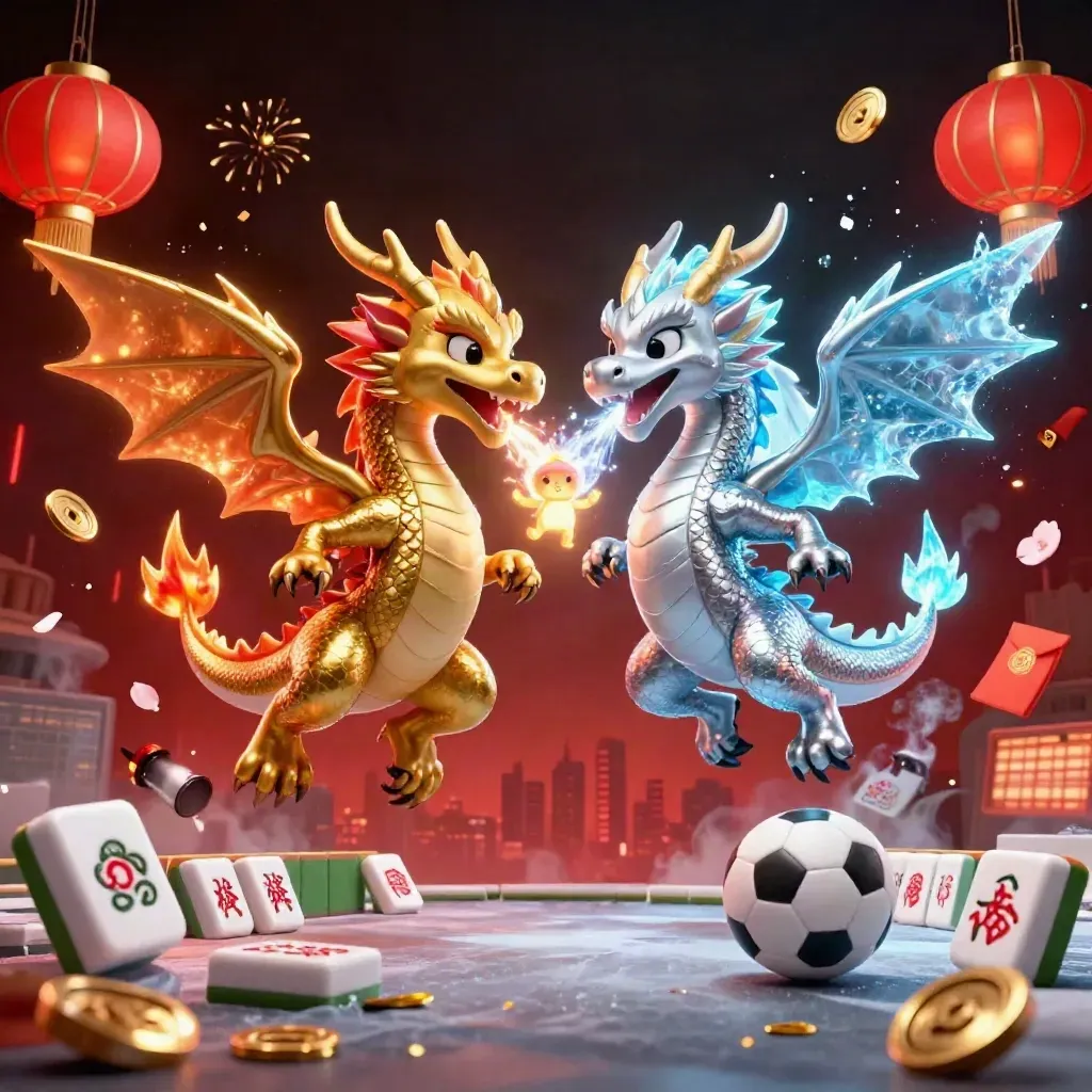 Gold and silver dragons collide mid-air with balls, lanterns, coins, and glowing effects.