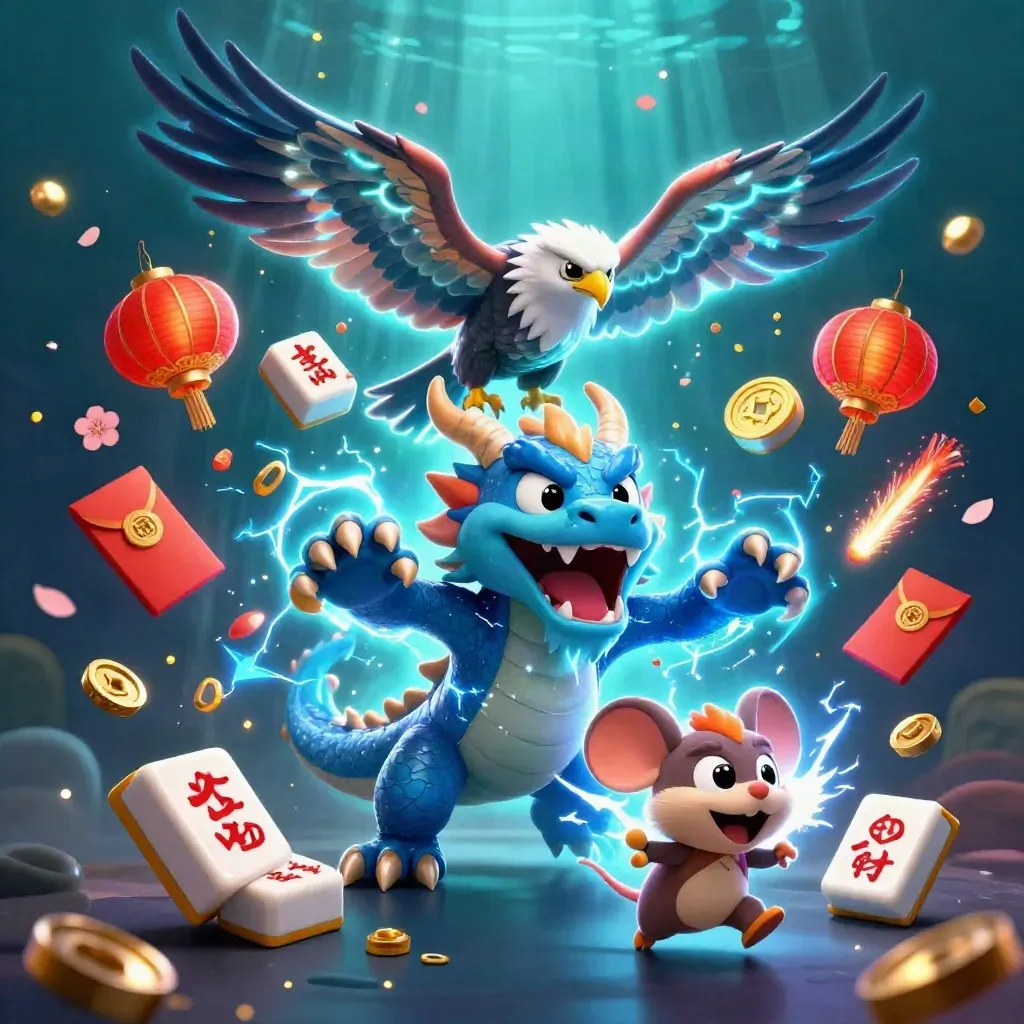 Thunder dragon, wind hawk, and thunder-mouse burst through treasure and teal lightning.