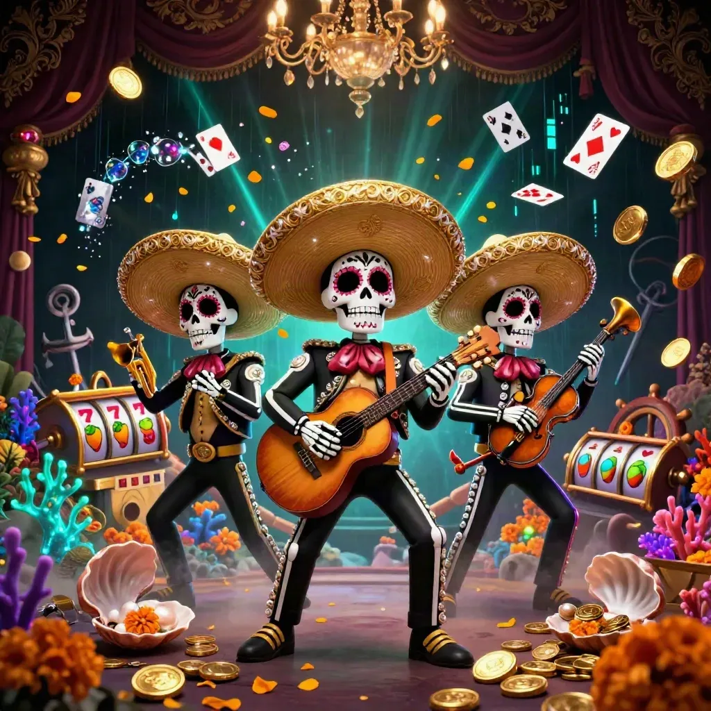 Three skeleton mariachi heroes amid treasure, coral, teal lightning, and casino symbols.