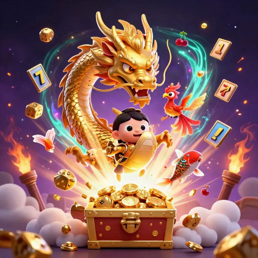 Golden dragon, phoenix, and koi amid exploding casino treasure and glowing icons on a dark starfield.