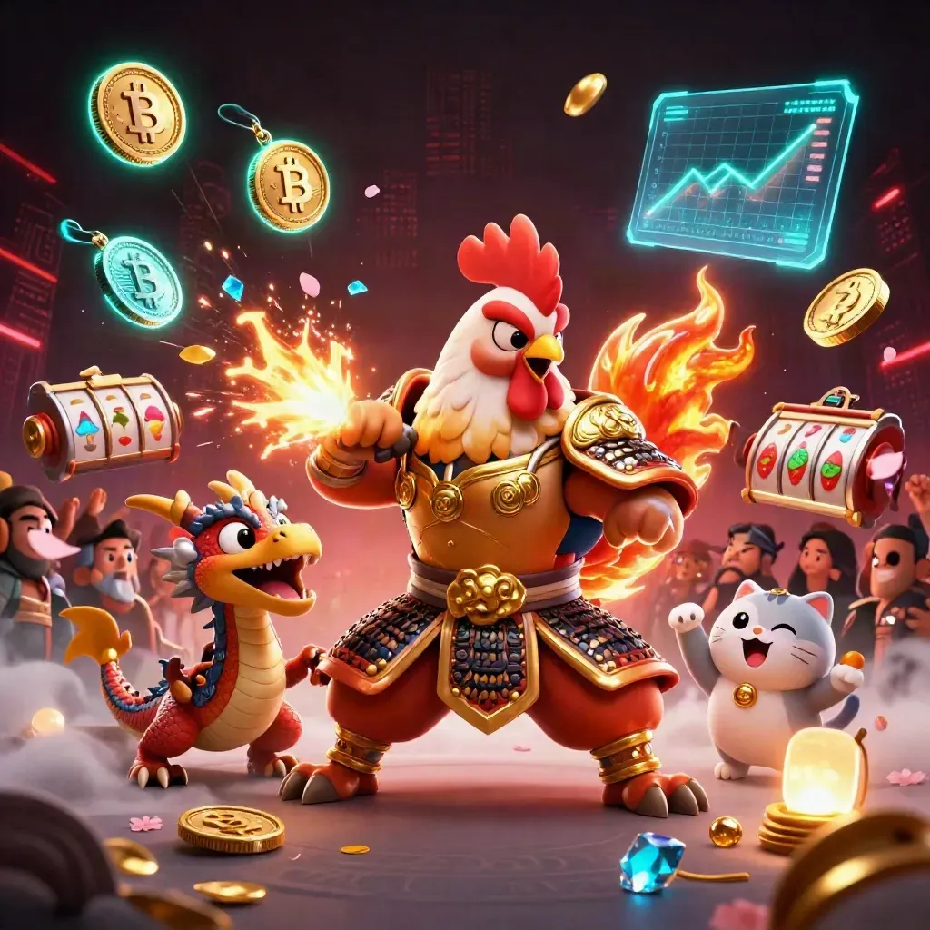Rooster samurai, dragon hatchling and fortune cat amid teal crypto bursts and casino effects.