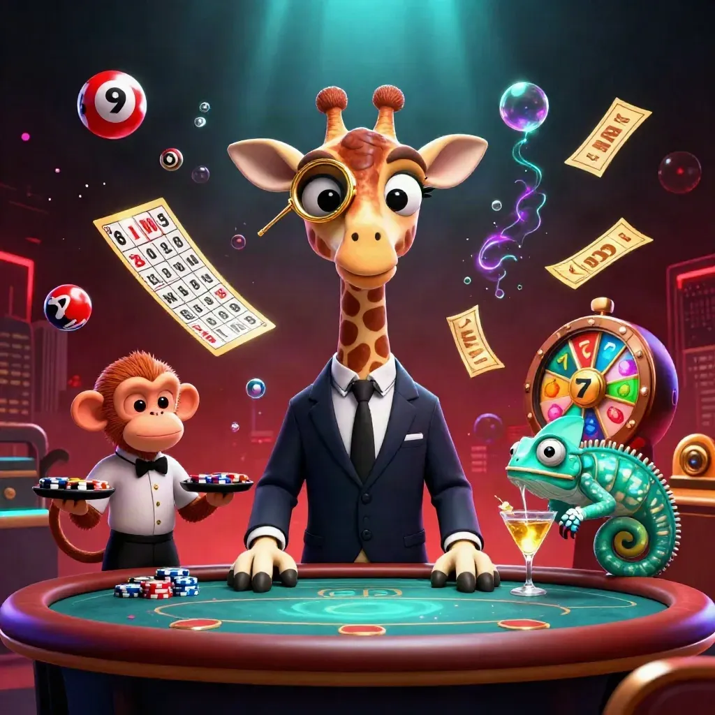 Three cartoon casino animals at a neon poker table with balls, wheel, tickets, and teal glow.