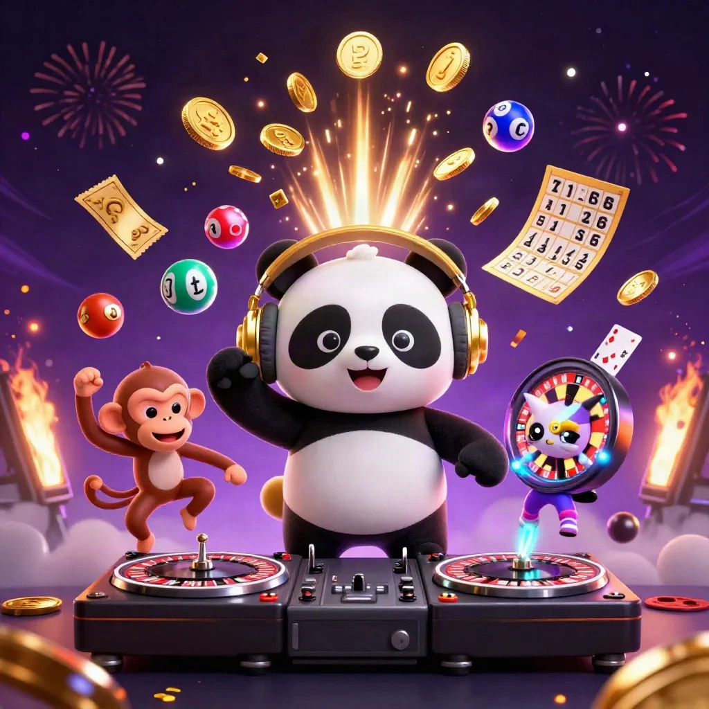 DJ panda, dancing monkey, and glow-stick kitten amid exploding coins and casino props