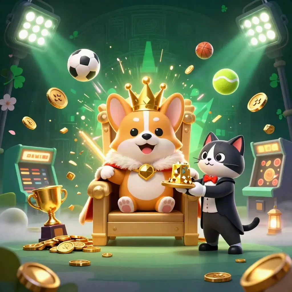 Royal corgi king and cat butler amid flying coins, sports balls, and casino lights.