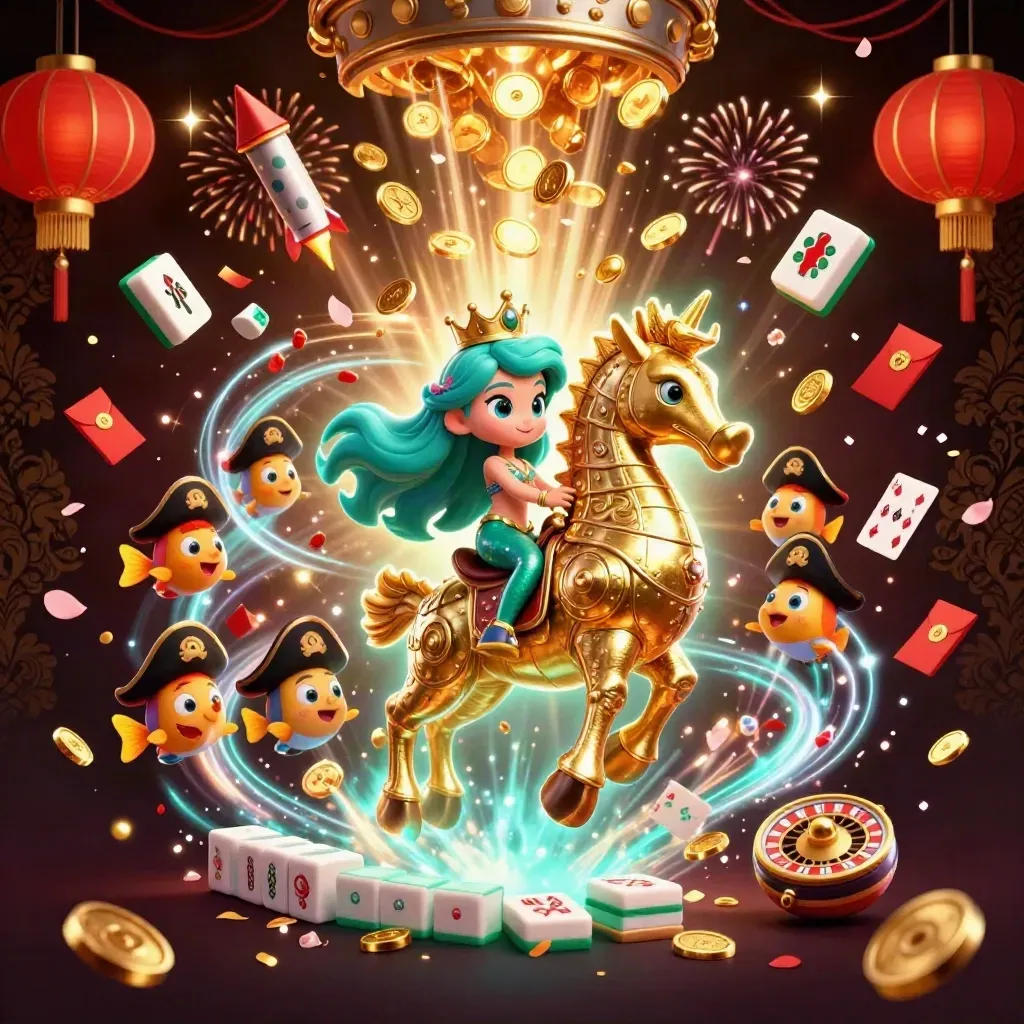 Mermaid princess on a golden seahorse amid coins, fireworks, lanterns, and casino treasures.