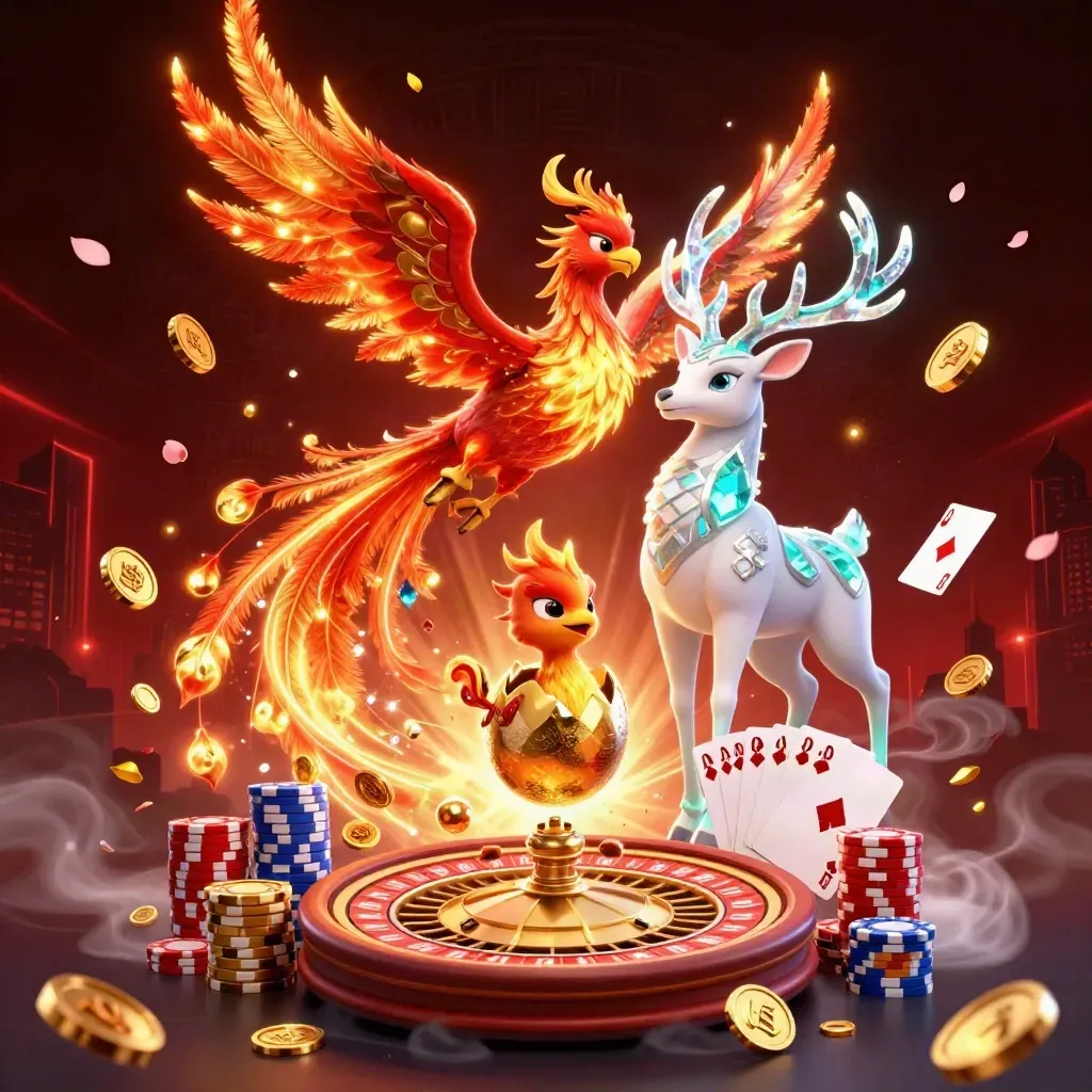 Phoenixes and a crystal stag amid coins, cards, chips, and teal-gold casino magic.