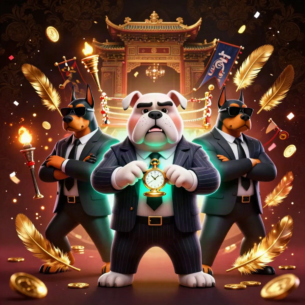 Bulldog boss and two Doberman guards amid coins, teal energy, confetti, and a luxury damask backdrop.