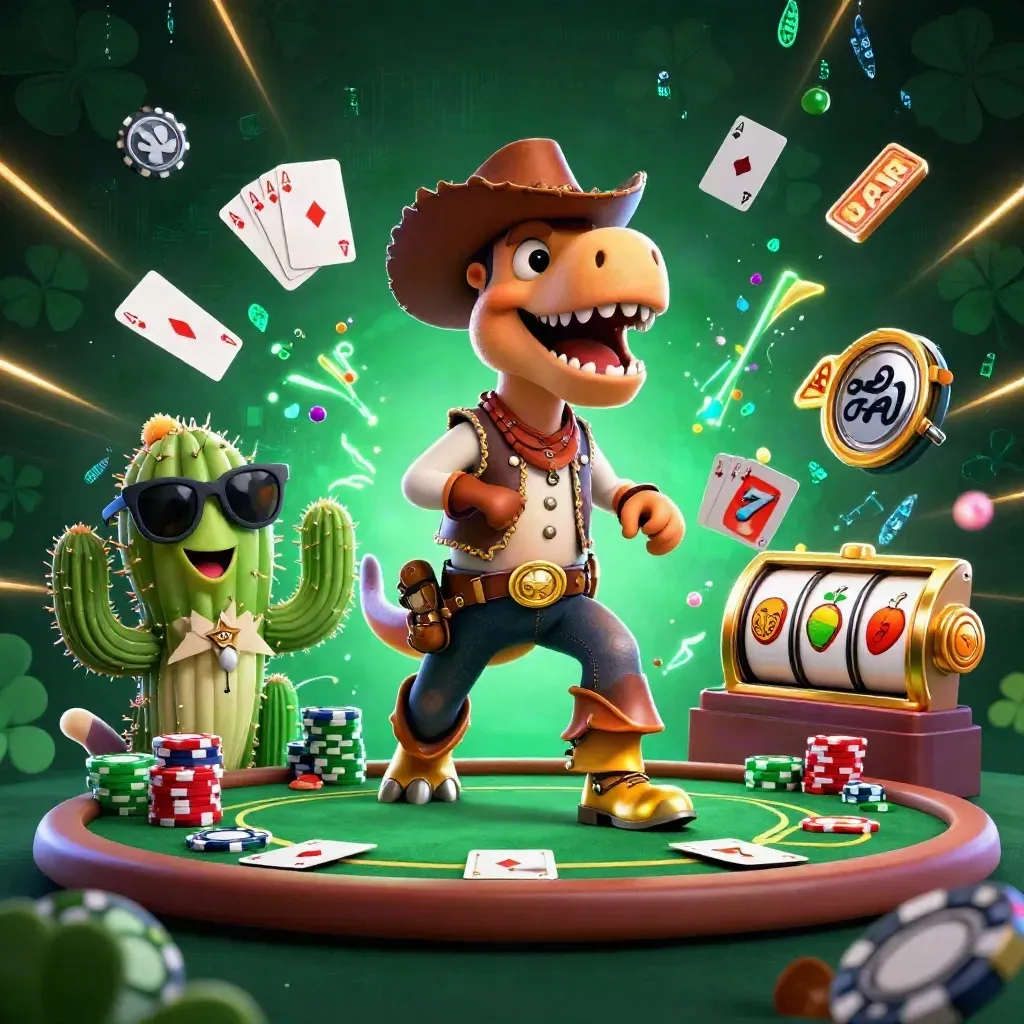 Cartoon T-Rex cowboy, cactus sidekick, and sheriff roadrunner in a neon casino poker burst.