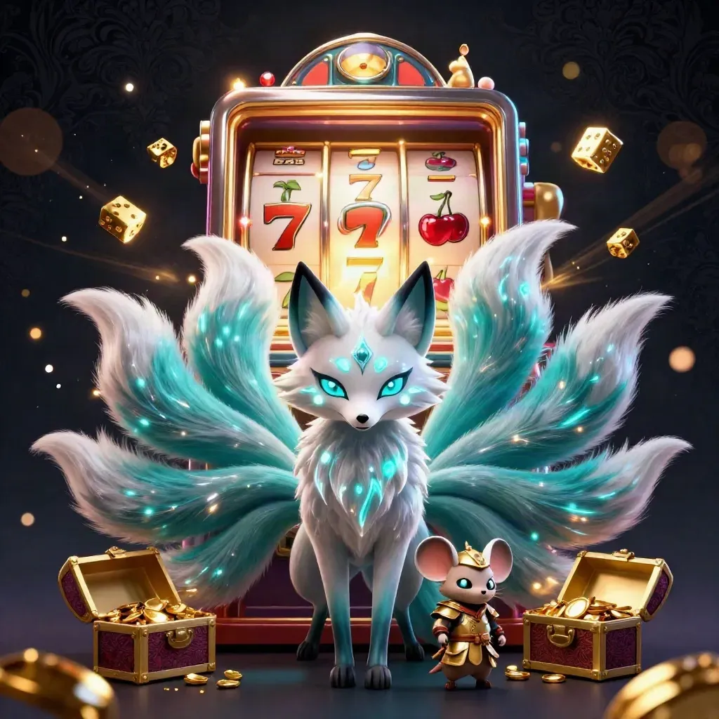 Nine-tailed fox spirit with samurai mouse, slot reels, gold dice, and treasure chest on a dark luxe backdrop