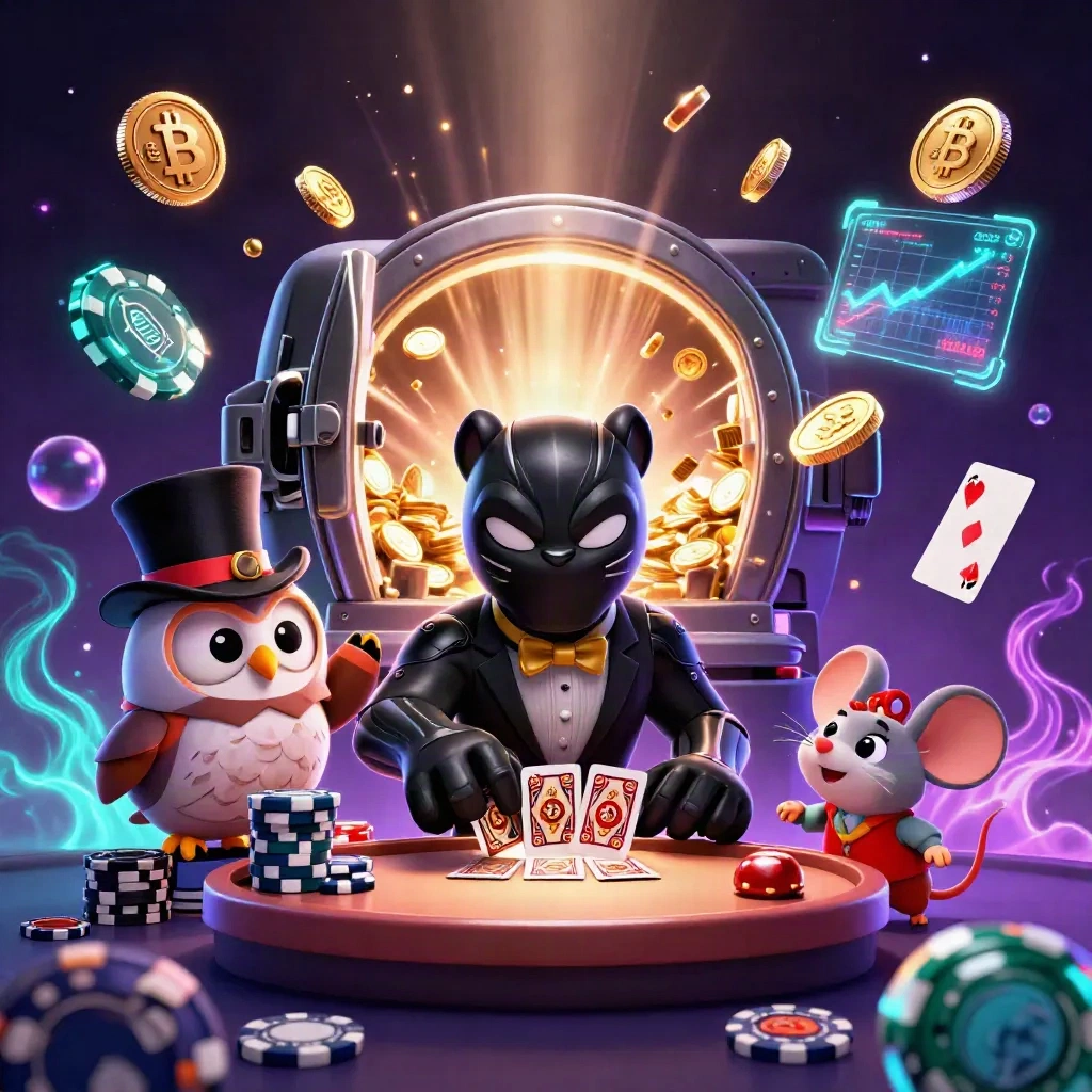 Panther, owl, and mouse amid bursting vault coins, neon crypto effects, and fireworks.