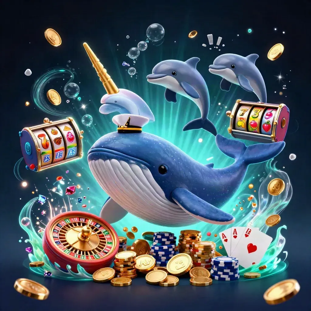 Captain whale, narwhal, and dolphins amid coins, chips, cards, and glowing casino effects.
