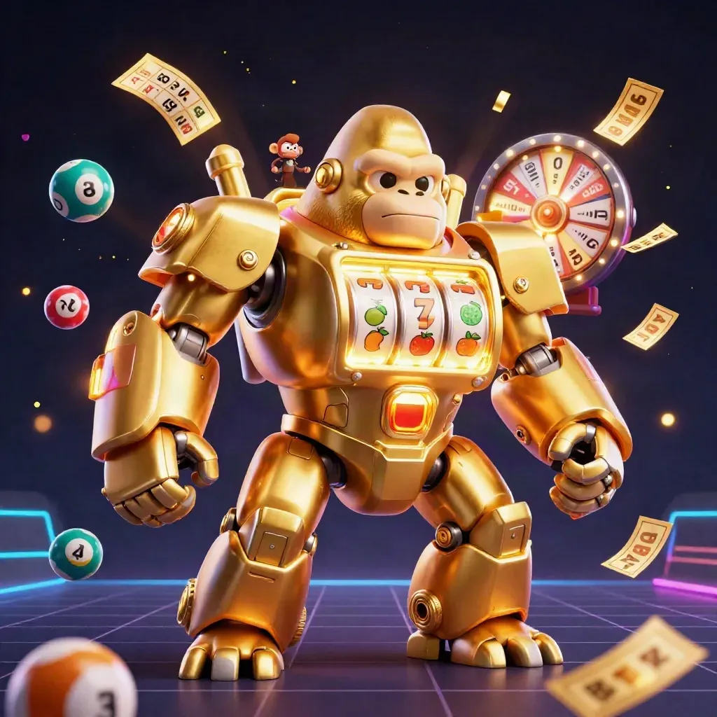 Golden gorilla slot-mech with monkey pilot, reels, bingo card, prize wheel, and glowing casino effects