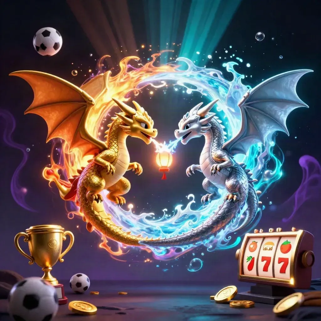 Gold and silver dragons in a yin-yang spiral with teal breath, coins, balls, reels, and a trophy.