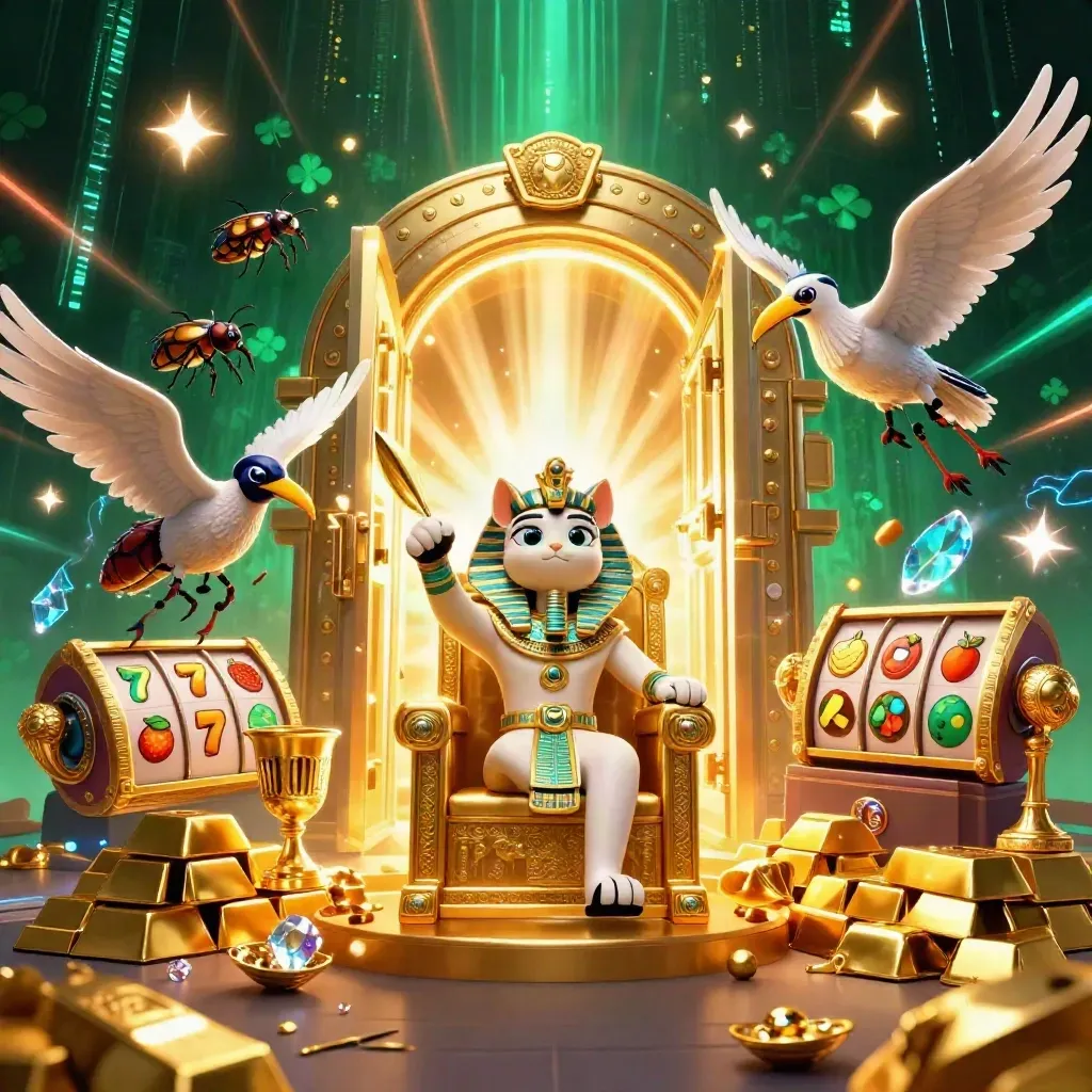 Pharaoh cat, ibis scribe, and gem-winged scarabs amid a glowing vault and casino loot.