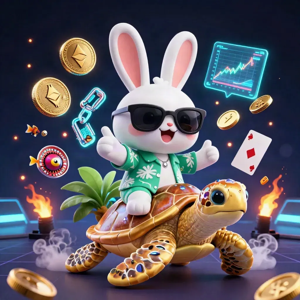 Lucky rabbit on a golden sea turtle with neon crypto coins and casino sparks