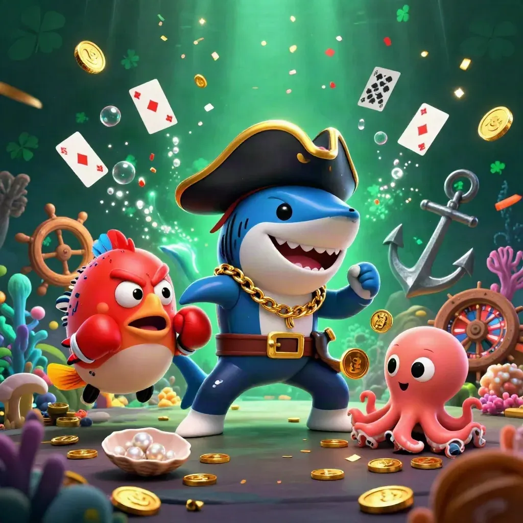 Shark pirate, boxing pufferfish, and coin-juggling octopus amid gold coins and neon sea treasure.